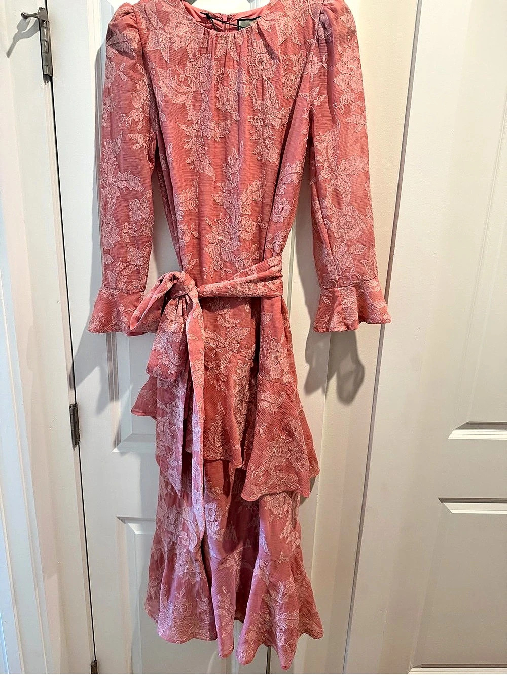 Tuckernuck Pink Floral Jacquard Tiered Ruffle Maxi Dress Floral Maxi Dress sz S